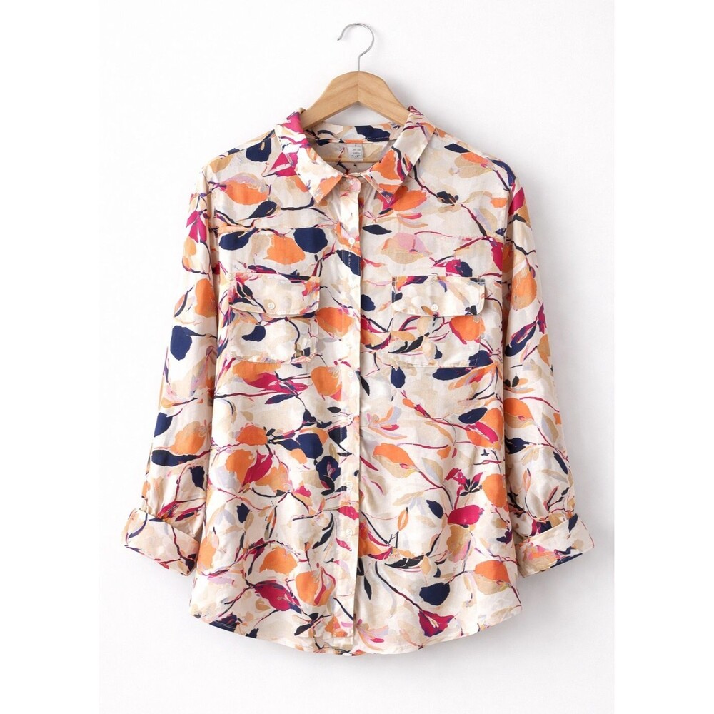 Chico's Size 3 Floral Button Front Blouse Roll Tab Sleeves Rayon 16 18 - Picture 2 of 12